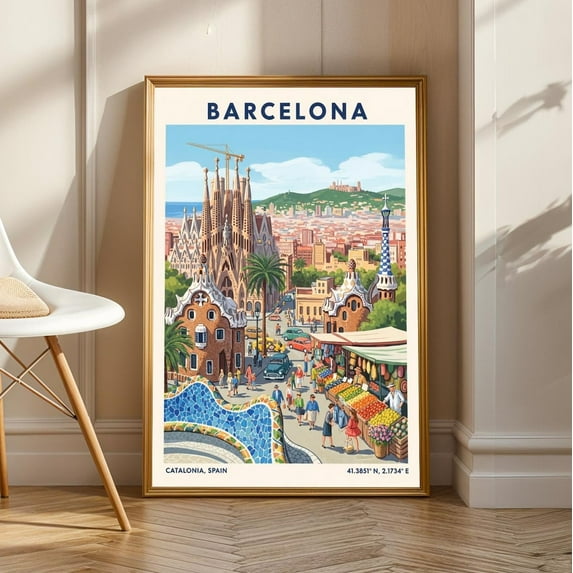 Barcelona Travel Poster: Vintage Spain Art Print, Retro City View, Unframed Canvas Size 12x18