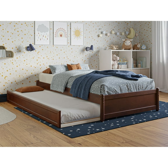 Barcelona Twin Solid Wood Panel Platform Bed with Twin Trundle in Walnut