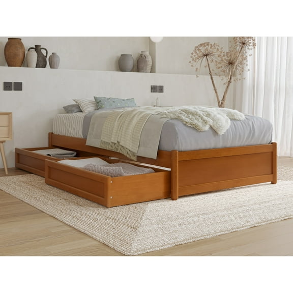 Barcelona Twin XL Panel Platform Bed with 2 Storage Drawers in Light Toffee
