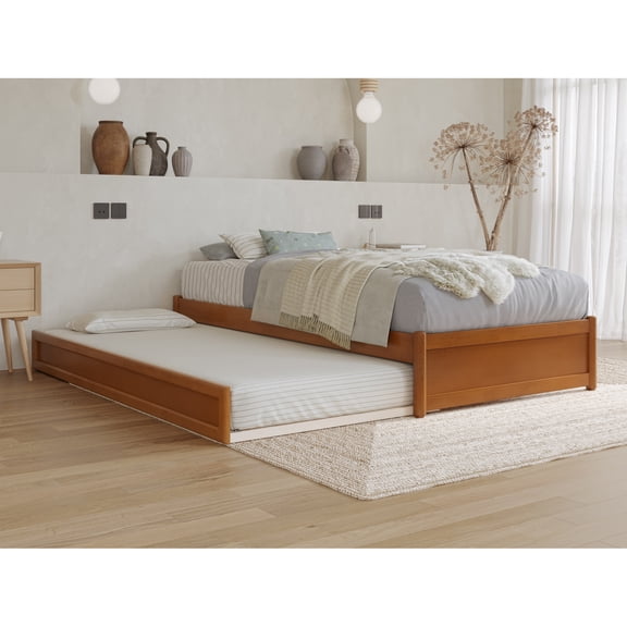 Barcelona Twin XL Wood Panel Platform Bed with Twin XL Trundle in Light Toffee