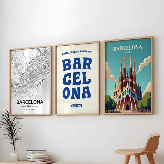 Barcelona Vintage Travel City Map Architecture Set 3 Unframed Paper Print 8x12