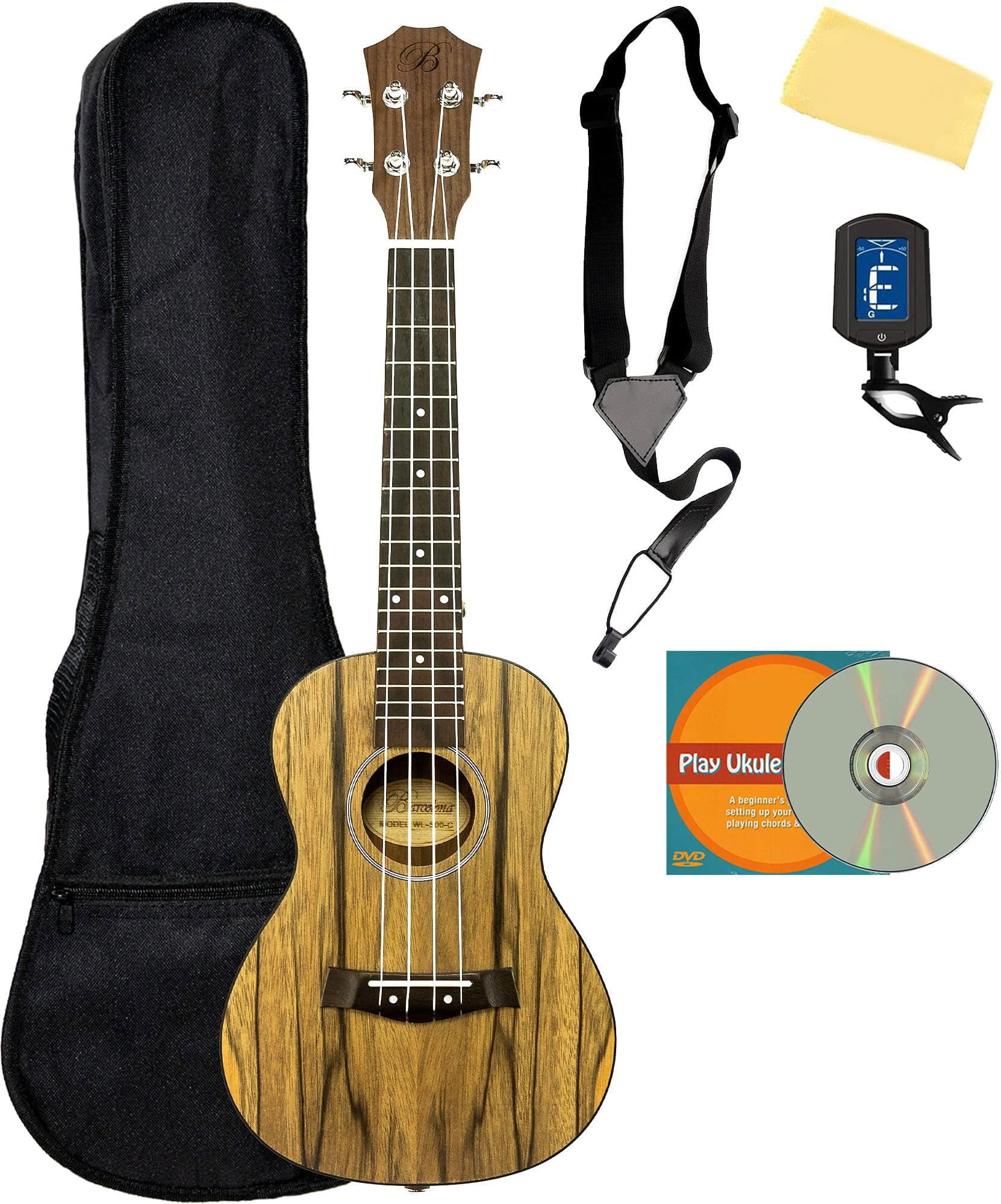 Barcelona Walnut Concert Ukulele Bundle with Gig Bag, Tuner, Strap, Austin Bazaar Instructional DVD, and Polishing Cloth