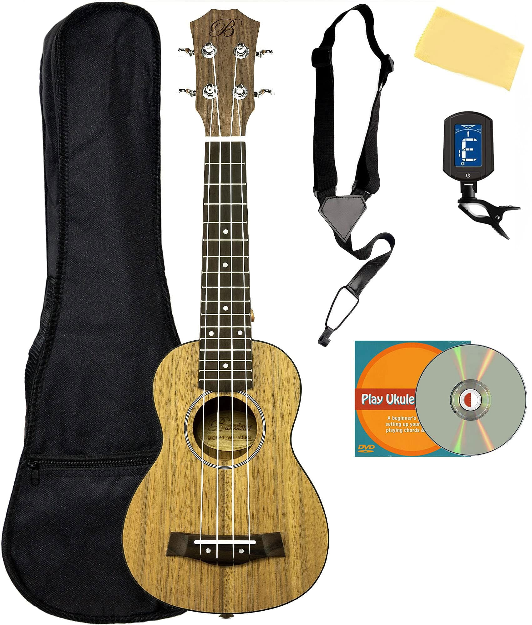 Barcelona Walnut Soprano Ukulele Bundle with Gig Bag, Tuner, Strap, Austin Bazaar Instructional DVD, and Polishing Cloth