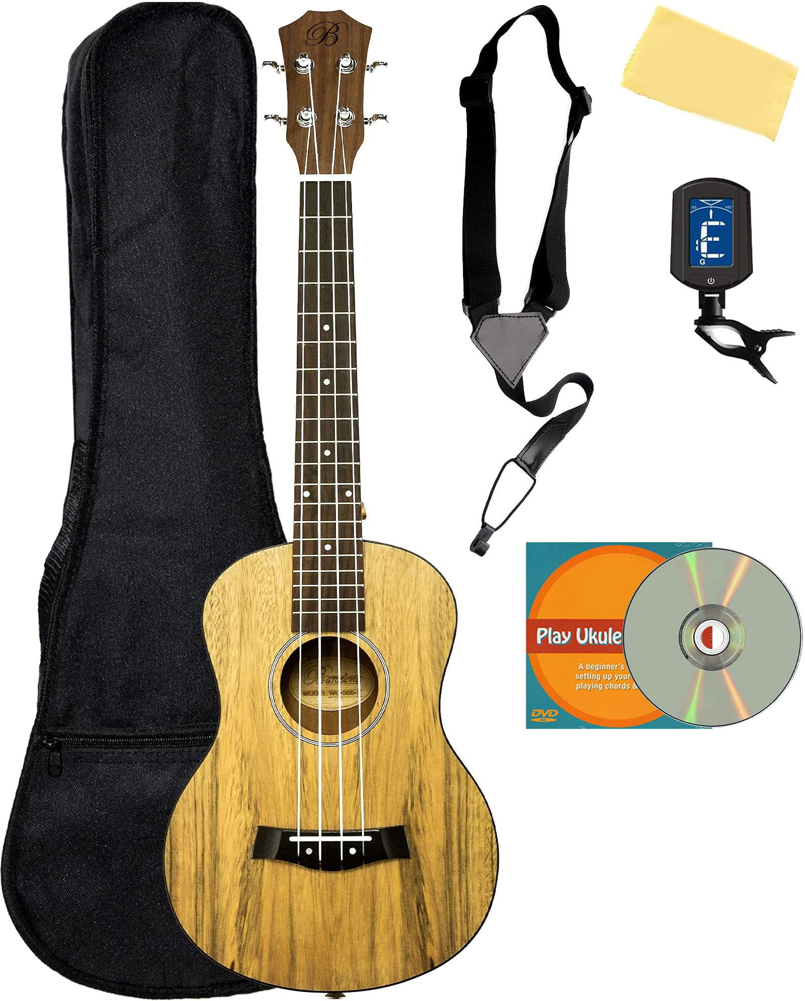 Barcelona Walnut Tenor Ukulele Bundle with Gig Bag, Tuner, Strap, Austin Bazaar Instructional DVD, and Polishing Cloth