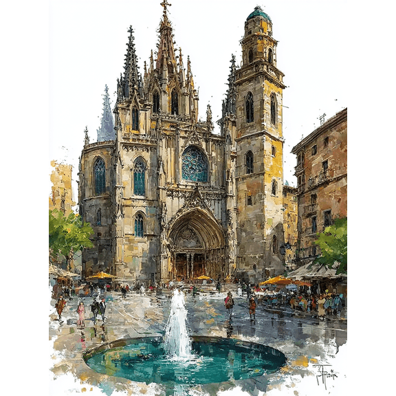 Barcelona Watercolor Canvas Print, Spanish Cityscape Illustration, Travel Themed Home Wall Decor Gift