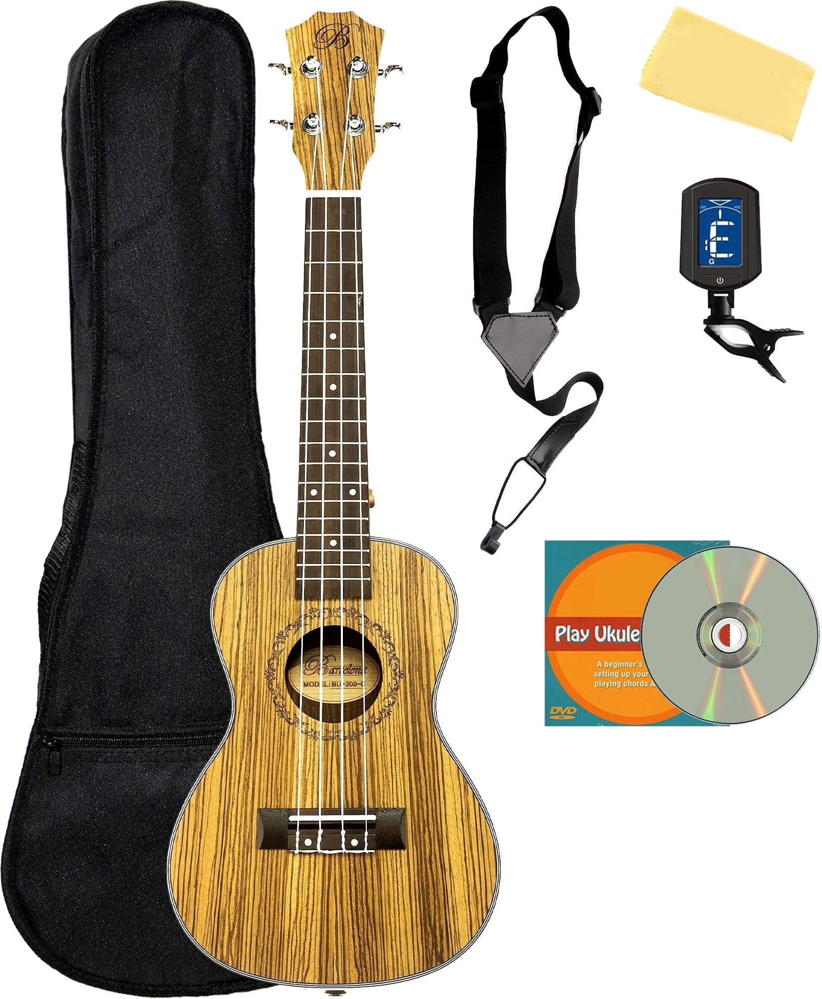 Barcelona Zebra Wood Concert Ukulele Bundle with Gig Bag, Tuner, Strap, Austin Bazaar Instructional DVD, and Polishing Cloth
