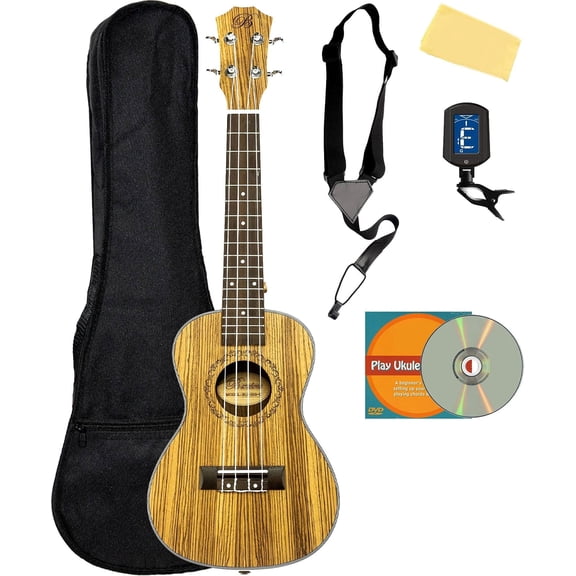 Barcelona Zebra Wood Concert Ukulele Bundle with Gig Bag, Tuner, Strap, Austin Bazaar Instructional DVD, and Polishing Cloth
