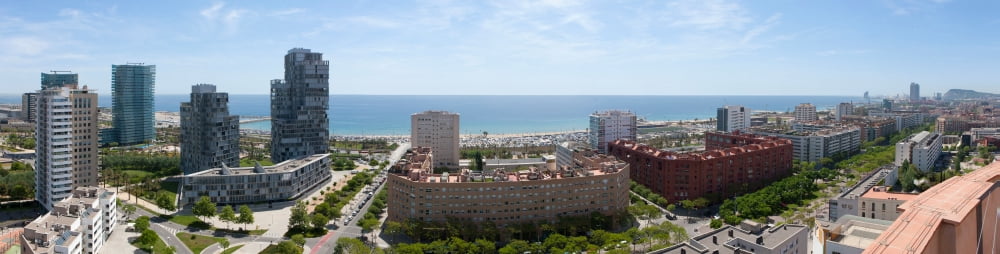 Barcelona seafront panorama from the Diagonal Mar district shot from the Poblenou water tower Canvas Art - Panoramic Images (10 x 40)