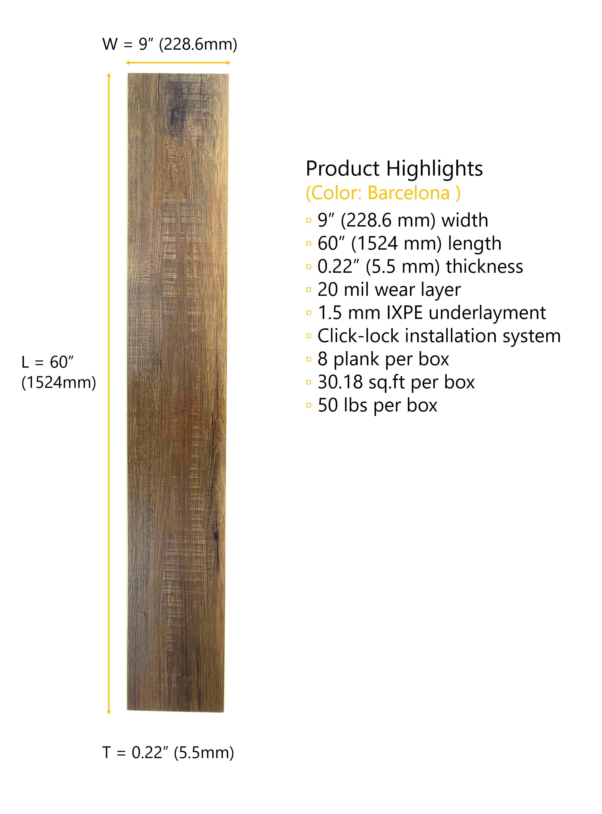 Barcelona (warm oak brown) 20 MIL Wear Layer 5.5mm Thick x 9 in. W x 60 in. L Click Lock Waterproof Luxury Vinyl Plank Flooring with IXPE (30.18 sqft/case)