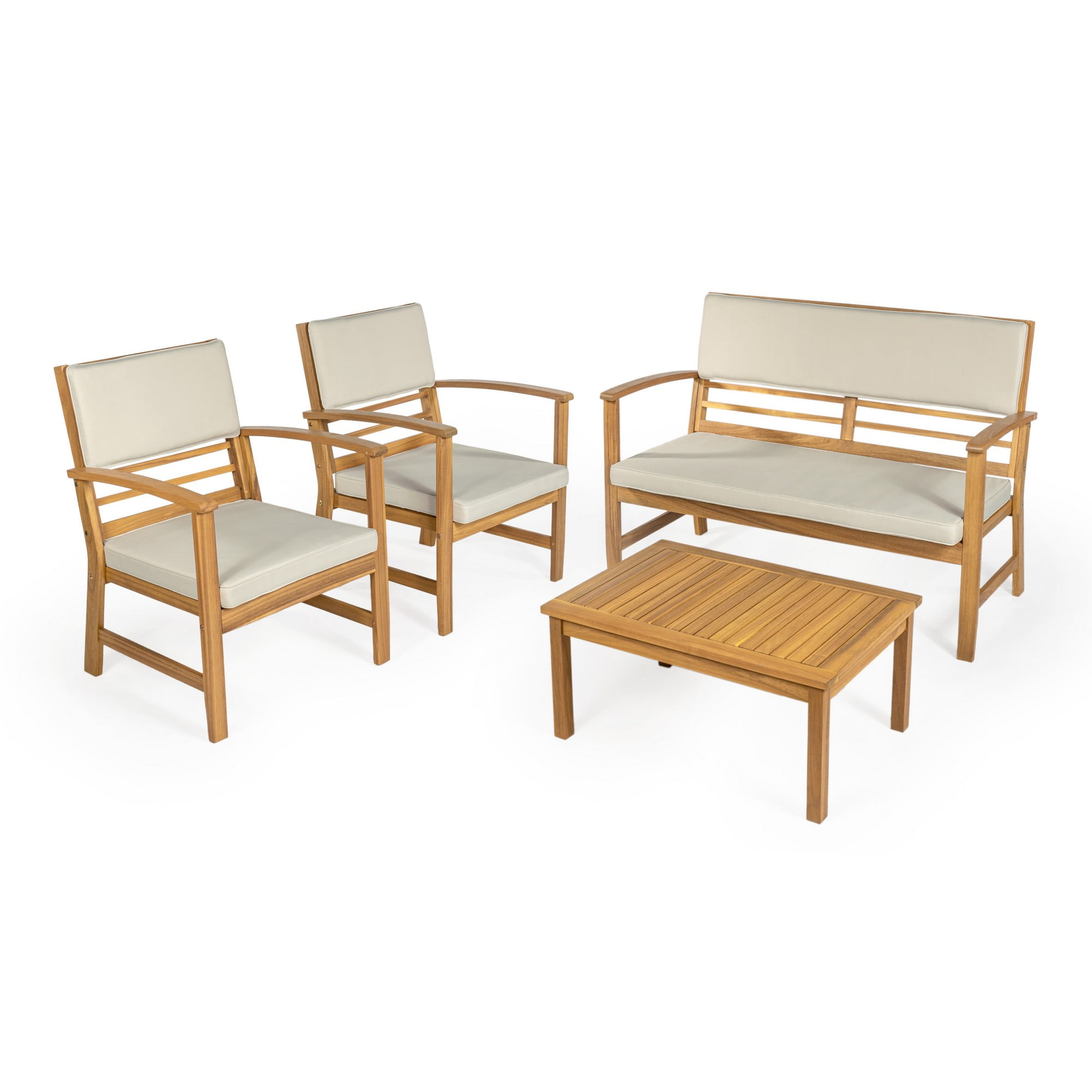 Barclay 4-Piece Modern Coastal Acacia Wood Conversation Outdoor Patio Set  with Cushions, Light Gray/Teak Brown - Walmart.com, image size:2000x2000