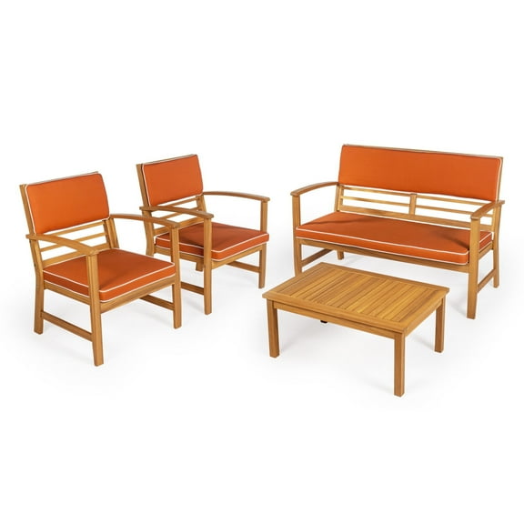 Barclay 4-Piece Modern Coastal Acacia Wood Conversation Outdoor Patio Set with Cushions, Orange/Teak Brown