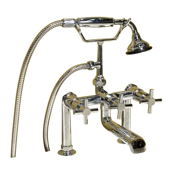 7601-MC-CP Deck Mount Tub Faucet w/ Cross Handles Hand Shower-Polished Chrome