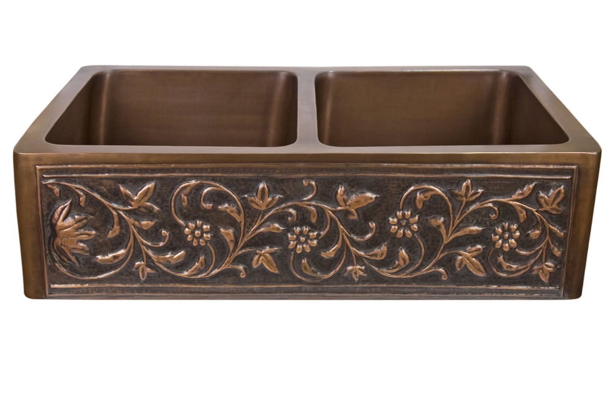 36" Antique Copper Double Bowl Farmhouse Sink with Floral Embossing