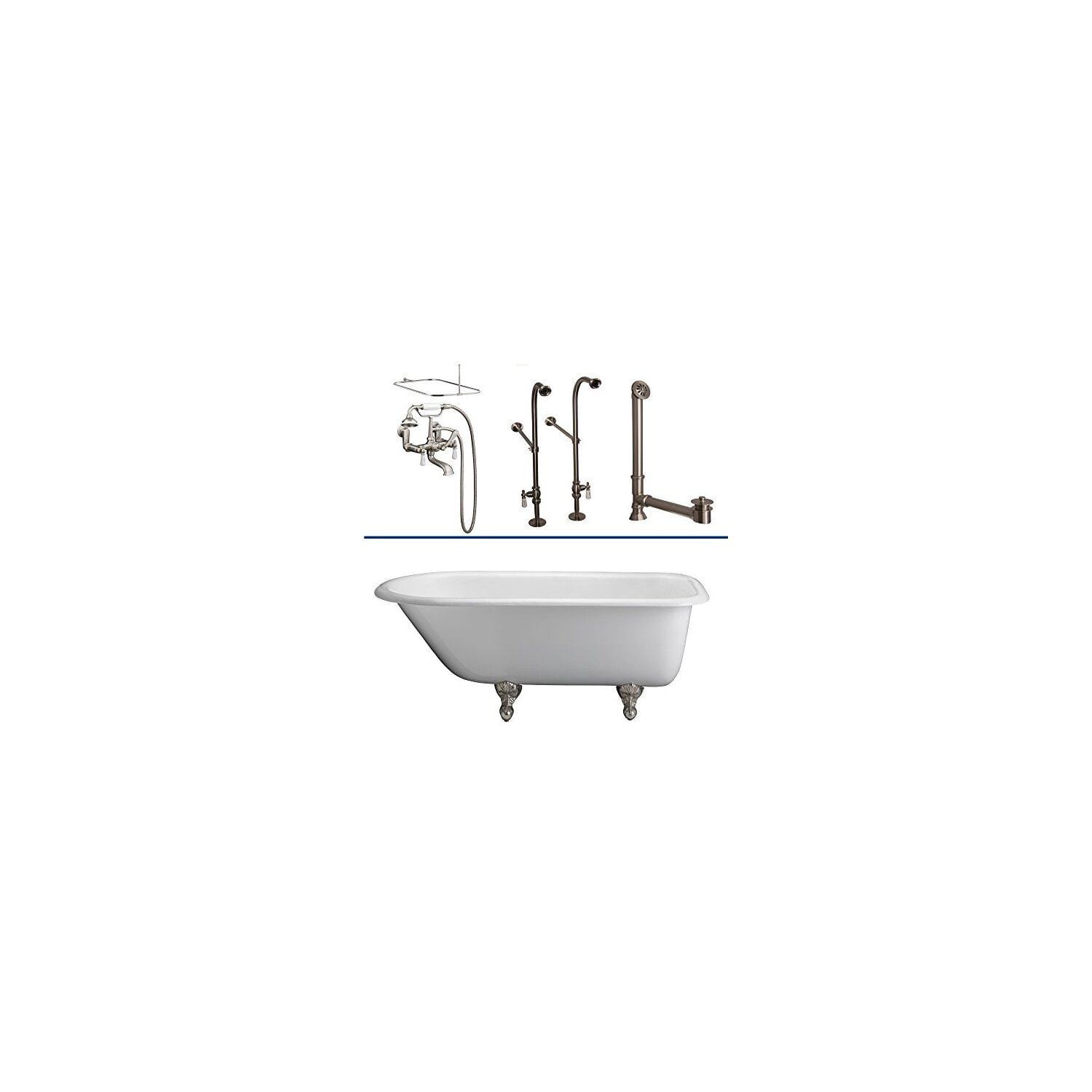 55" White Cast Iron Clawfoot Soaking Tub with Brushed Nickel Accessories