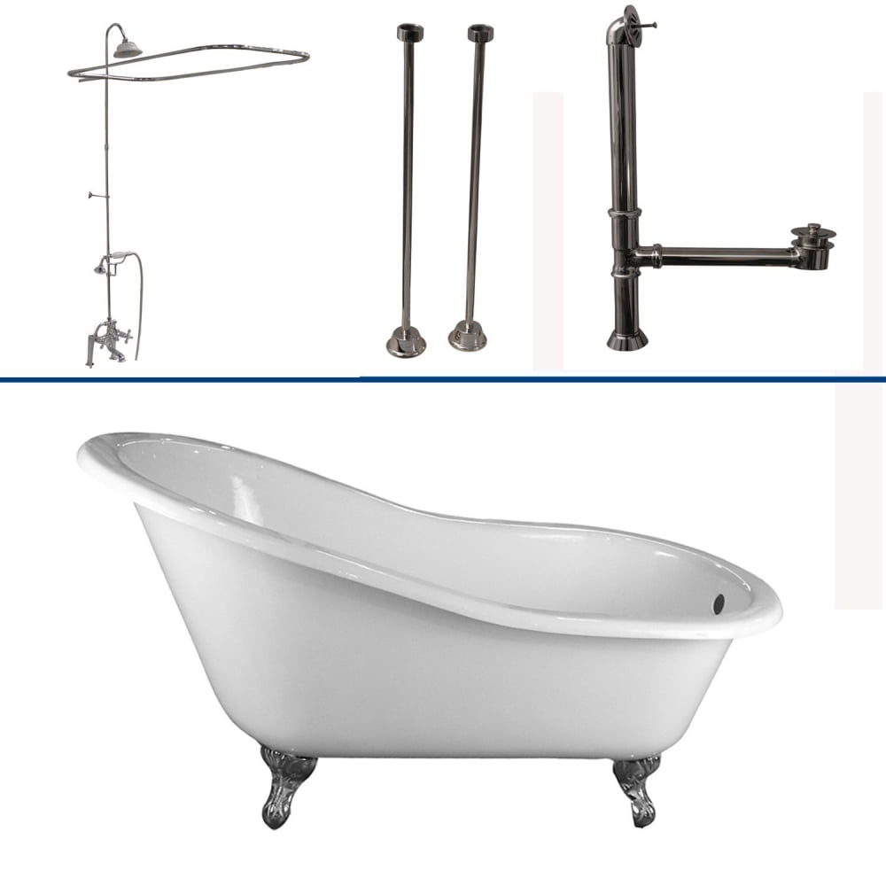 White Porcelain-Enameled Cast Iron Clawfoot Slipper Tub with Chrome Accessories