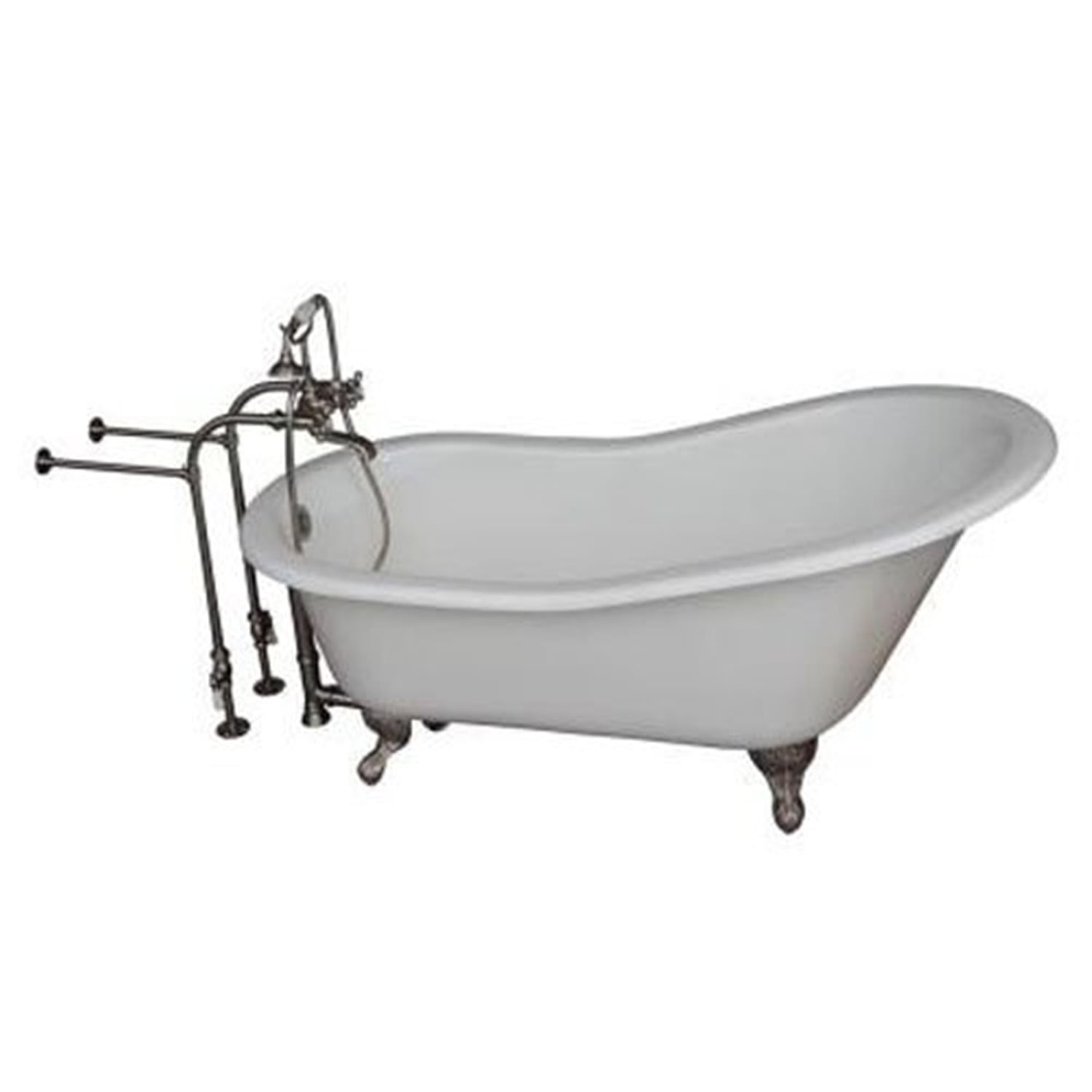 67" White Cast Iron Clawfoot Slipper Tub with Brushed Nickel Accessories