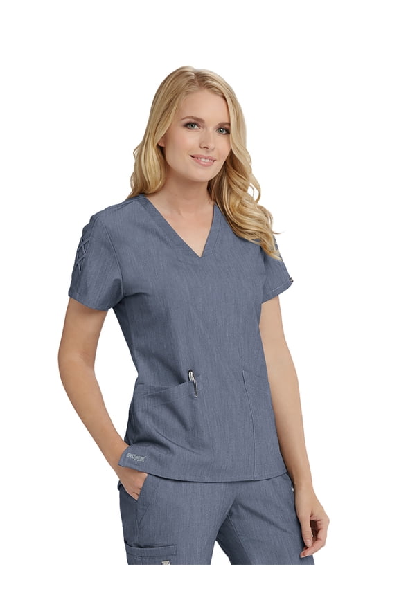 Grey's Anatomy Signature GNT019 Women's Three Pocket V-Neck Laced Sleeve Astra Scrub Top Denim Shade M