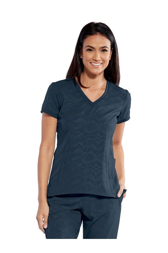 One BOT054 Women's 4-Pocket V-Neck Zipper Pockets Perforated Scrub Top Steel Glimmer Print XS
