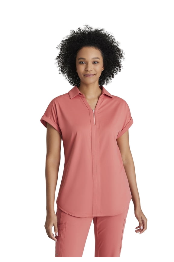 One Performance Knit Engage Top for Women - Zip Neck Collar and Cuffed Dolman Sleeves Women's Scrub Top Ginger Rose Large