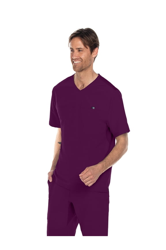 One Wellness BWT010 Men's 1 Pocket High-Low Hem with Yoke Top Scrub Top Wine 2XL