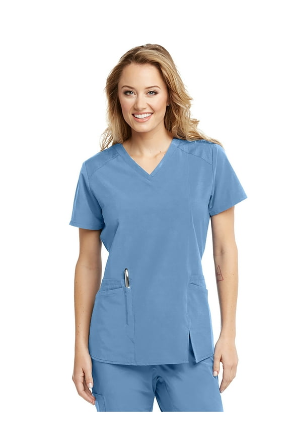 One Wellness BWT012 Women's 4 Pocket Contrast Shoulder Front Side Slit Scrub Top Ciel Blue 3XL