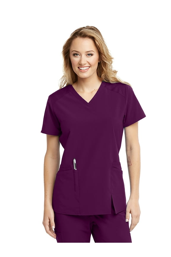One Wellness BWT012 Women's 4 Pocket Contrast Shoulder Front Side Slit Scrub Top Wine S