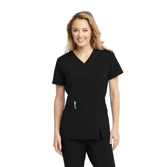Barco One Wellness BWT012 Women's 4 Pocket V-Neck Contrast Shoulder Front Split Scrub Top Black L