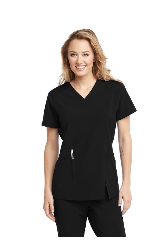 One Wellness BWT012 Women's 4 Pocket V-Neck Contrast Shoulder Front Split Scrub Top Black L