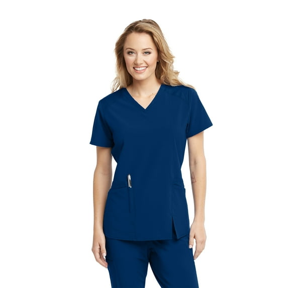 Barco One Wellness BWT012 Women's 4 Pocket V-Neck Contrast Shoulder Front Split Scrub Top Indigo L