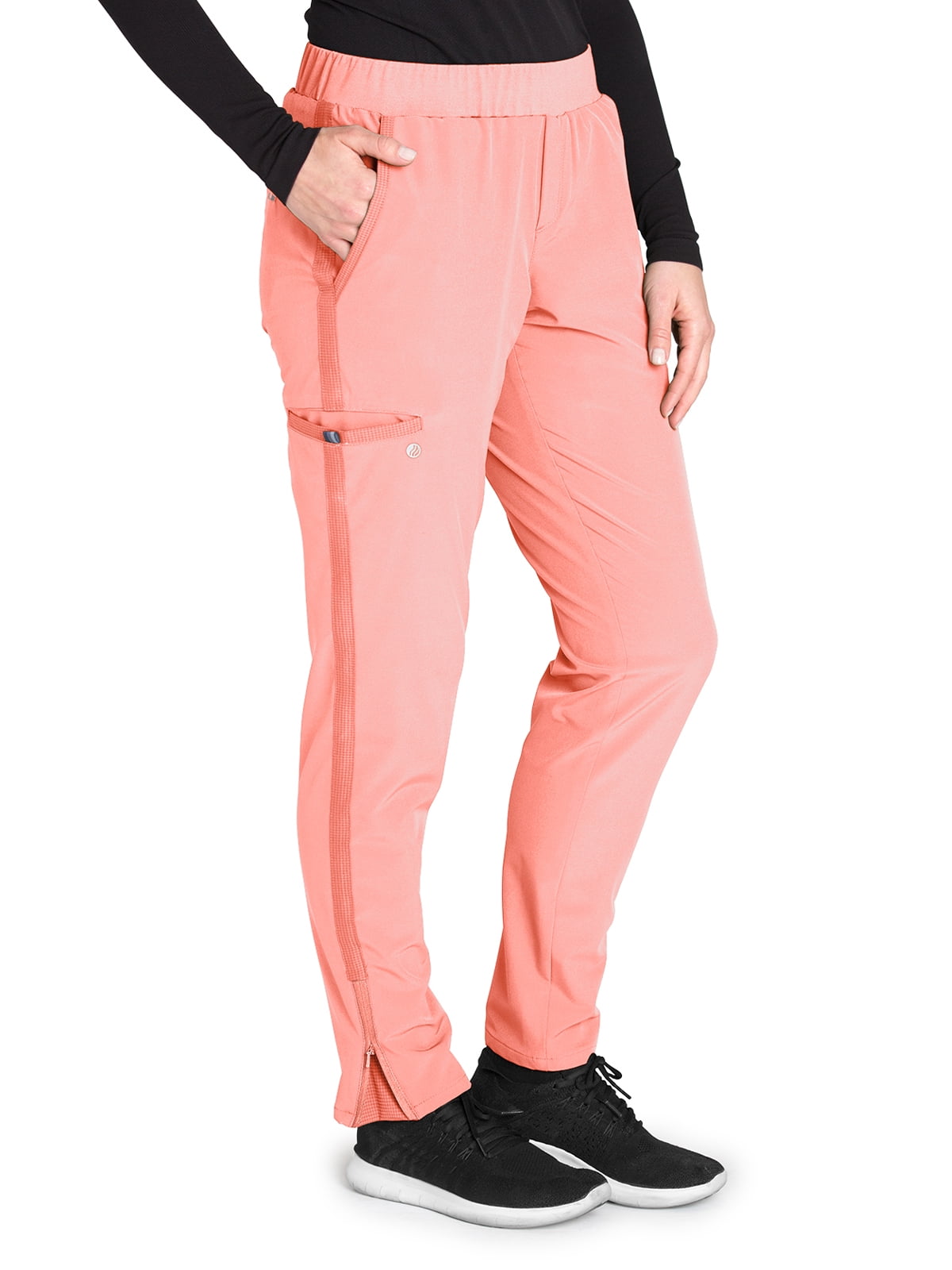 Barco Wellness BWP505 Women's Zen Five Pocket Knit Waist Mid-Rise Zip Pleat Cargo Scrub Pant Coral Berry XXS