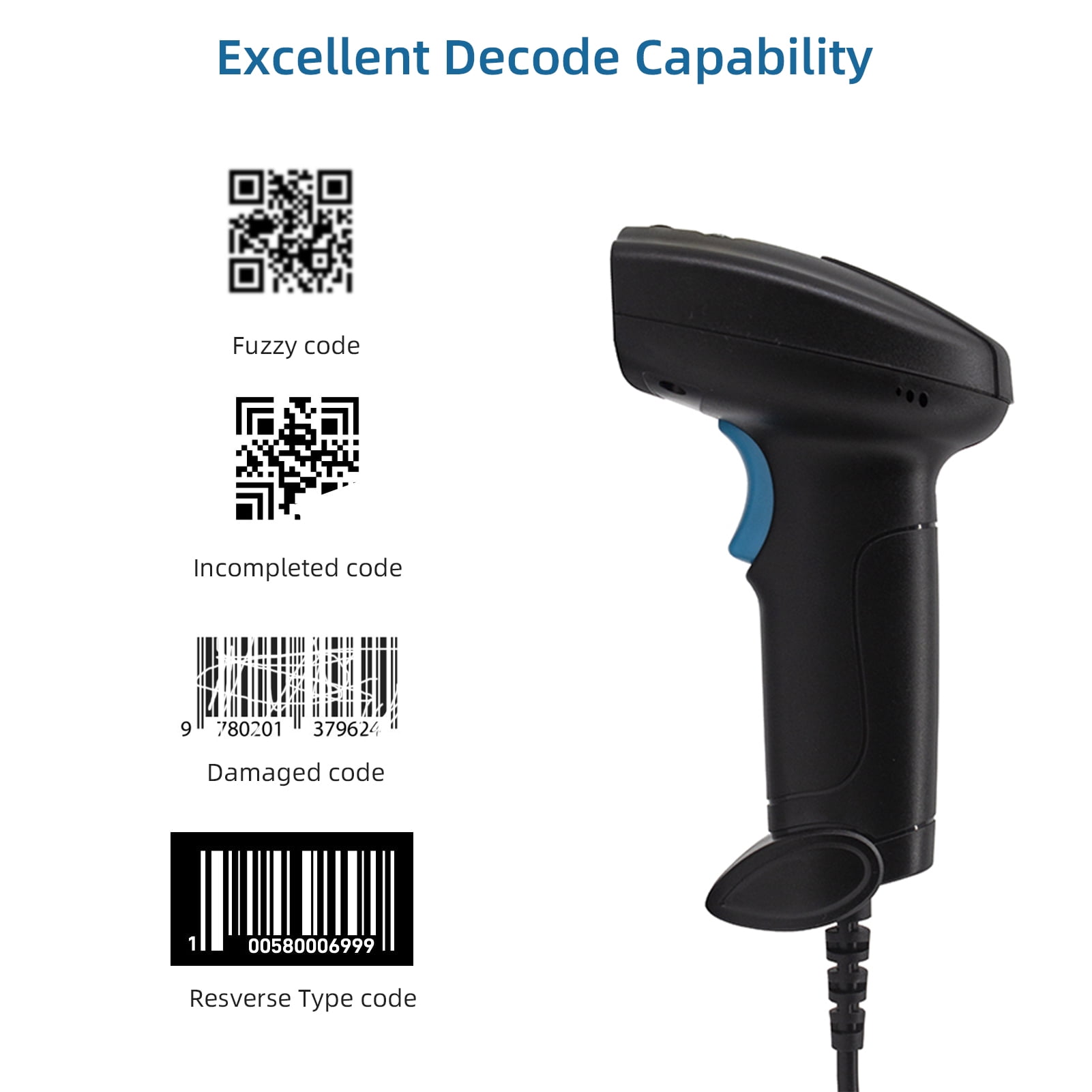 Barcode Scanner Scanner 1D/2D Barcode Scanner Handheld USB Wired Bar Code Reader Manual Trigger/Auto Continuous Scanning Support Paper Code Compatible with Mac for Supermarket