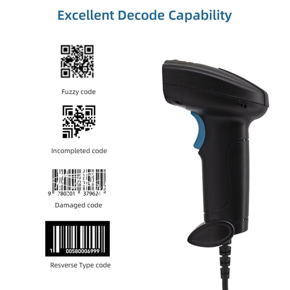 Barcode Scanner Scanner 1D/2D Barcode Scanner Handheld USB Wired Bar Code Reader Manual Trigger/Auto Continuous Scanning Support Paper Code Compatible with Mac for Supermarket