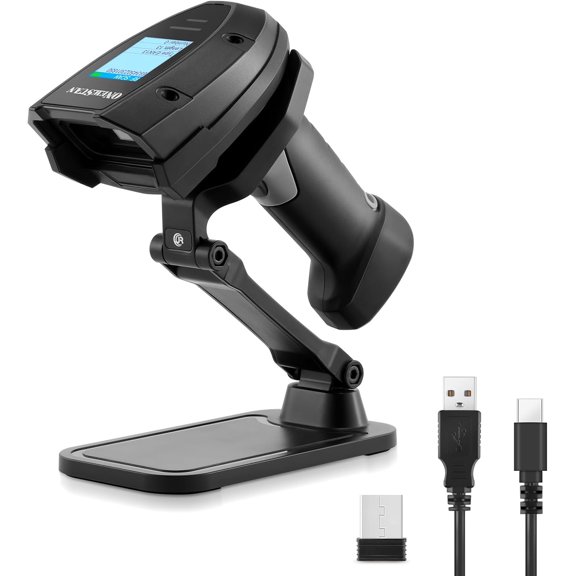 Barcode Scanner Wireless, 1D Laser Bar Code Scanners with Stand 2.4G Wireless & USB Wired Connection Plug and Play 2 in 1 Handheld Barcode Reader with Screen