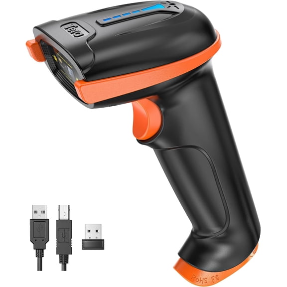 Barcode Scanner Wireless 1D Laser Cordless Barcode Reader with Battery Level Indicator, Versatile 2 in 1 2.4Ghz Wireless and USB 2.0 Wired