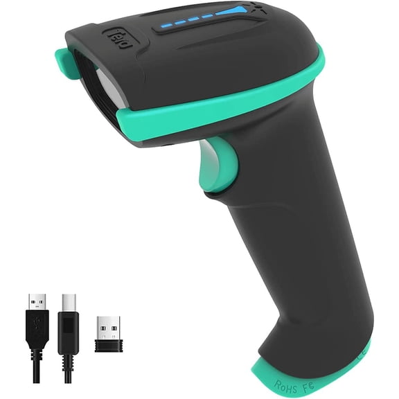 Barcode Scanner Wireless Versatile 2-in-1 (2.4Ghz Wireless+USB 2.0 Wired) with Battery Level Indicator 328 Feet Transmission Distance Rechargeable 1D Laser Bar Code Reader USB Handheld (Blue)