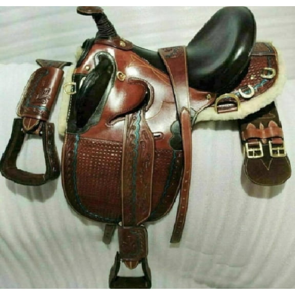 Barcoo Australian Hand Tooled Carved Australian Stock Horse Saddle Real Leather Australian Aussie Style Saddle 16 inches with Complete Set