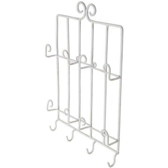 Bard's White Wrought Iron Wall Mounted 4 Cup and 4 Saucer Display Hanger, 15.75" H x 11.5" W x 2" D (For 6" Saucers)