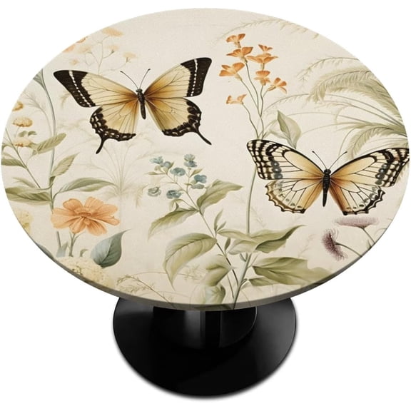 Bardic Butterflies Flower Fitted Tablecloth Round with Elastic Edged, Spring Leave Waterproof Wipe Clean Table Cover for Outdoor Indoor Patio Kitchen - Fits Tables 52" Diameter