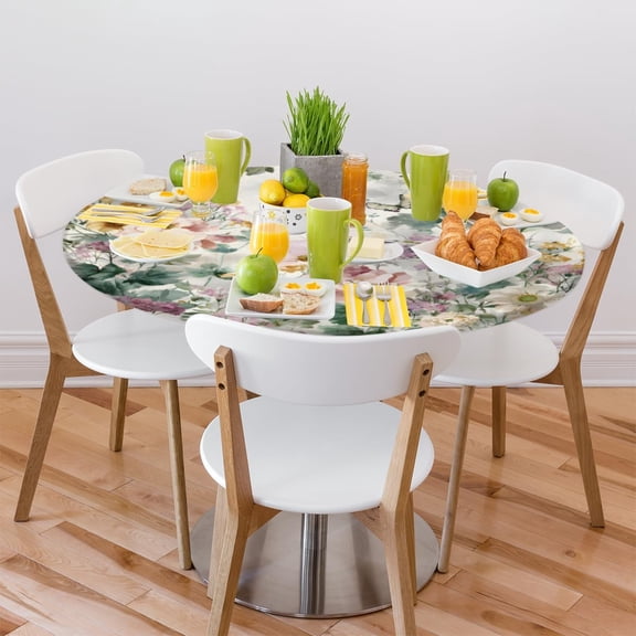 Bardic Fitted Tablecloth Round with Elastic Edged, Spring Tropical Floral Butterfly Waterproof Wipe Clean Table Cover for Outdoor Indoor Patio Kitchen - Fits Tables 44" Diameter
