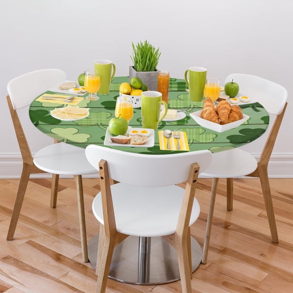 Bardic Lucky Clover Fitted Tablecloth Round with Elastic Edged, St. Patrick’s Day Waterproof Wipe Clean Table Cover for Outdoor Indoor Patio Kitchen - Fits Tables 36" to 42" Diameter