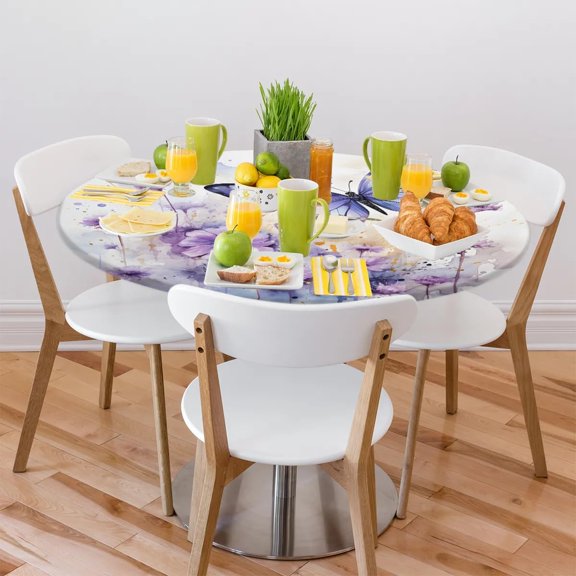 Bardic Purple Butterfly Fitted Tablecloth Round with Elastic Edged, Flower Waterproof Wipe Clean Table Cover for Outdoor Indoor Patio Kitchen - Fits Tables 52" Diameter