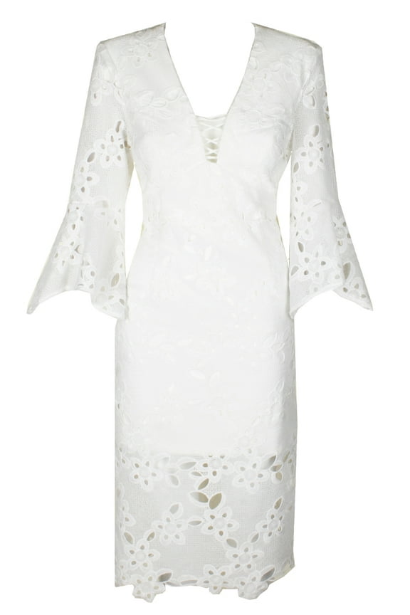 Ivory Bell-Sleeve Lace-Up Lace Sheath Dress 4-XS