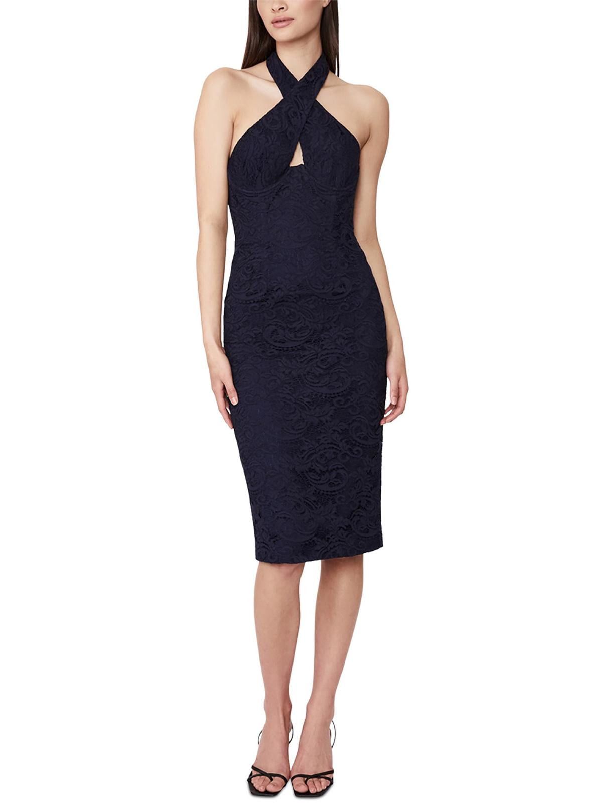 knee length dresses for ladies Bardot Dark Blue Lace Halter Cocktail Dress