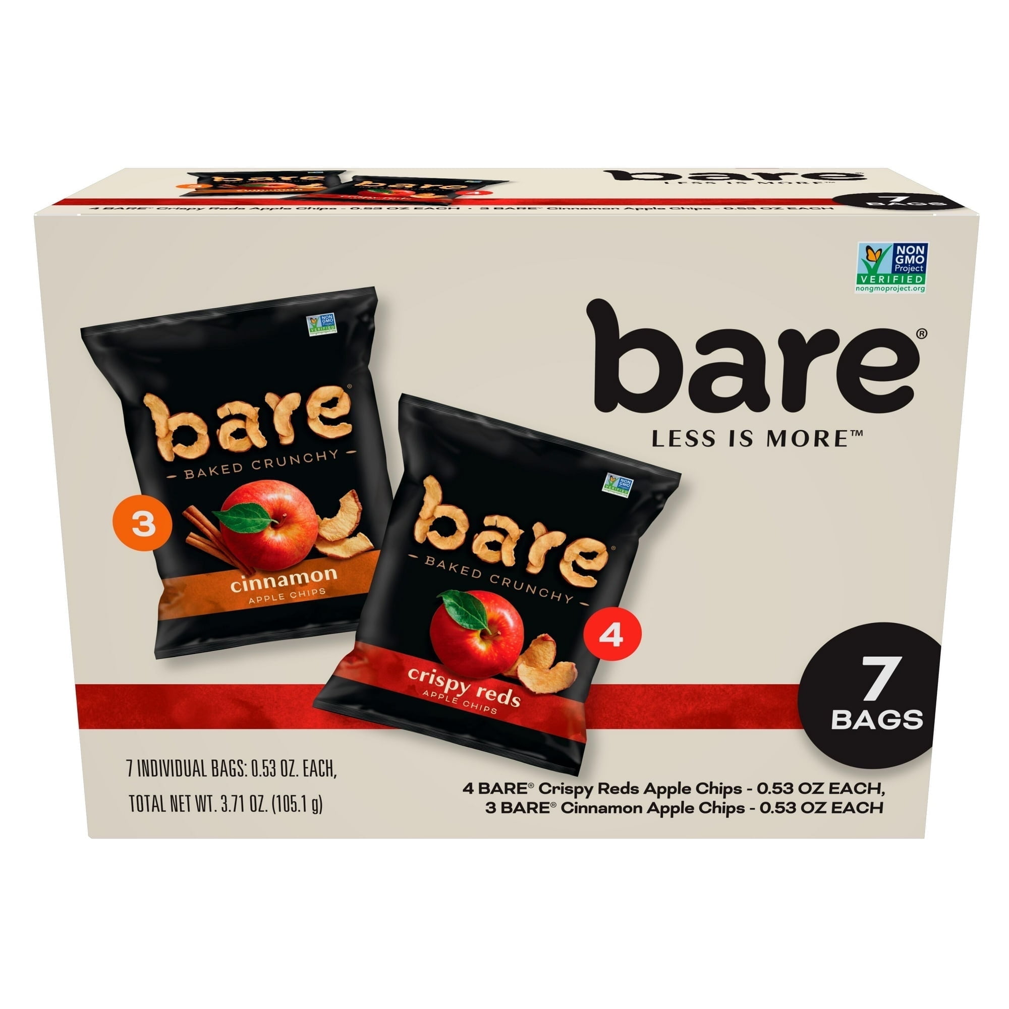 Bare Baked Crunchy Apple Chips, Fuji & Reds & Cinnamon Variety Pack, 0.53oz, Gluten Free, 7 Count ( 3 Box )