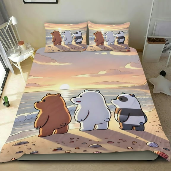 Bare Bear Themed Bed Sheet Set Three Piece Set 53x79 Inches Comfortable And Skin Friendly Unique Design Creating A Star Studded Night
