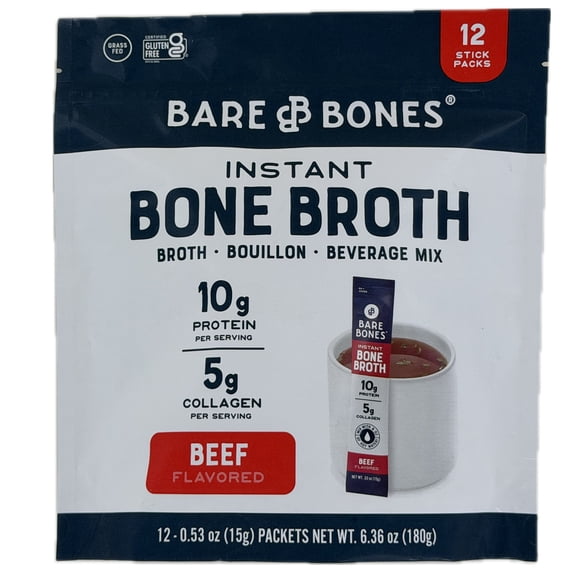 Bare Bones Bone Broth Instant Powdered Beverage Mix, Beef, 10g Protein, Keto & Paleo Friendly, 15g Sticks, Pack of 12 Servings