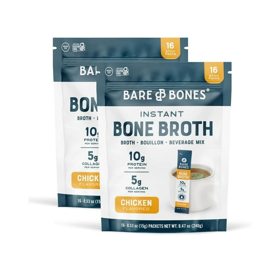 Bare Bones Chicken Bone Broth Instant Powdered Mix | Rich Savory Packets on-the-Go No Artificial Flavors | Keto & Paleo Friendly | 10g Protein | 32 Pack