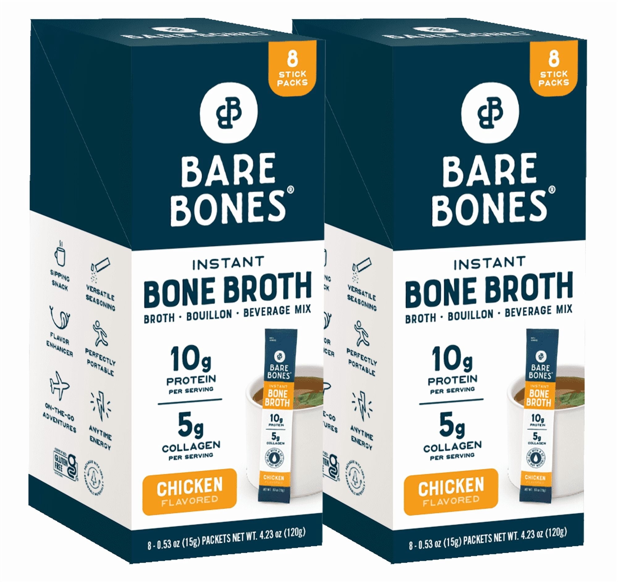Bare Bones Instant Chicken Bone Broth Sticks, 10G Protein, 4.23 oz, 2-pack of 8
