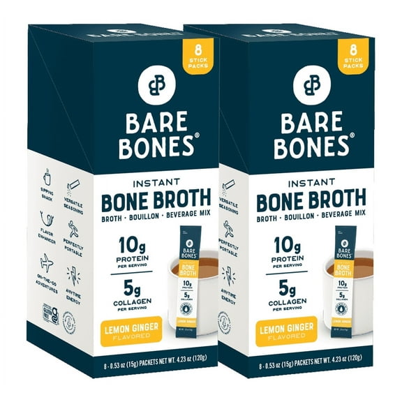 Bare Bones Instant Lemon Ginger Bone Broth Sticks, 10G Protein, 4.23 oz, 2-Pack of 8