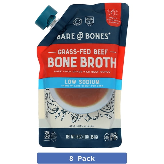 Bare Bones Low Sodium Beef Bone Broth 16 oz (Pack of 8)